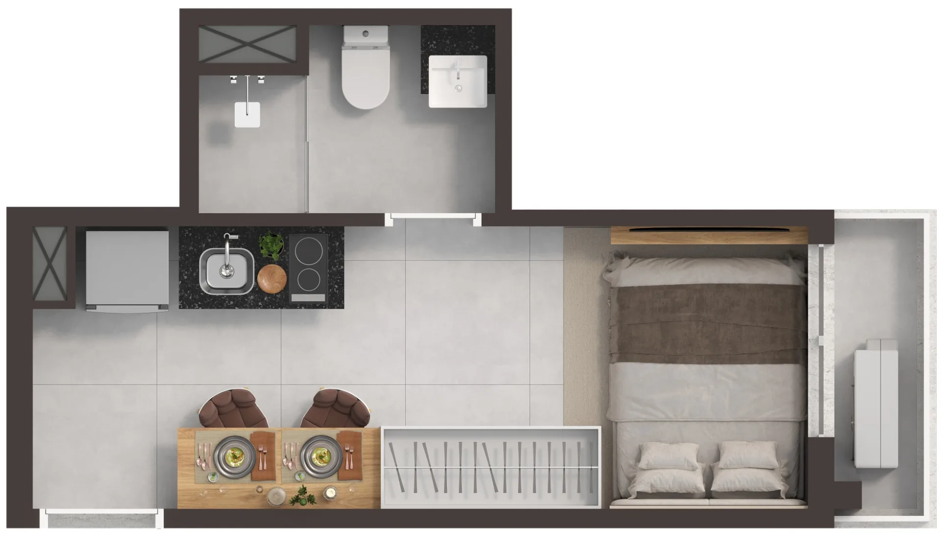 Planta ilustrativa do studio inteligente 18,14m²