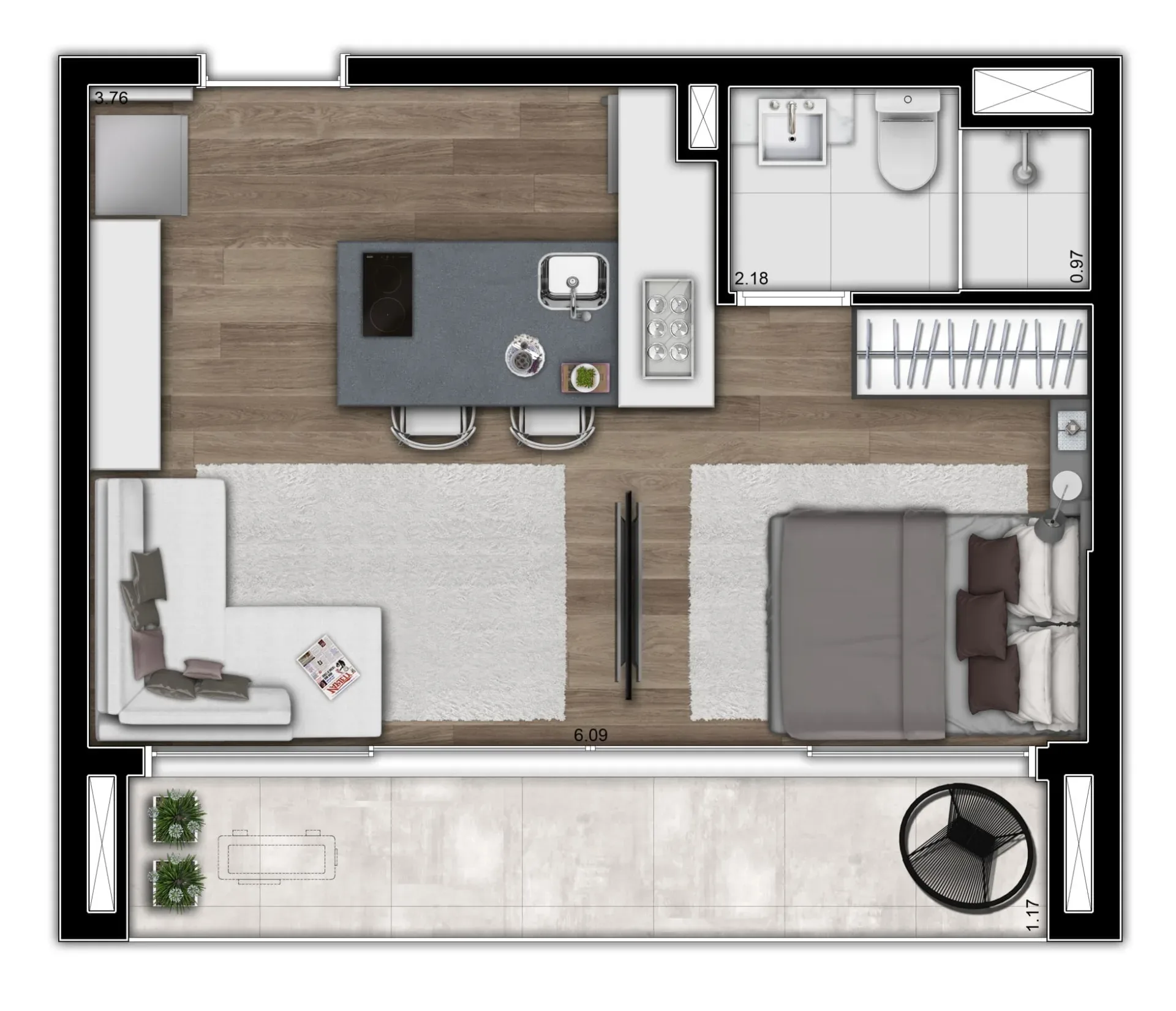 Planta Humanizada Studio de 34m²