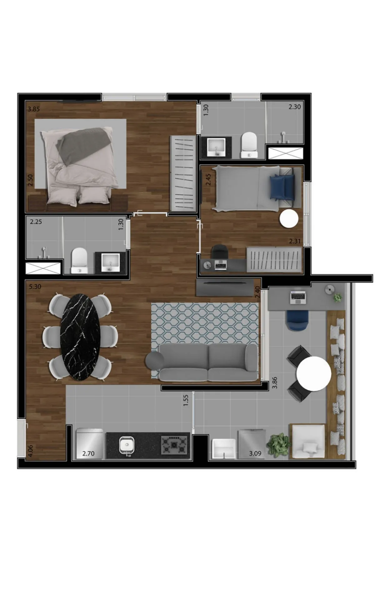 Planta Humanizada Apto de 59m²